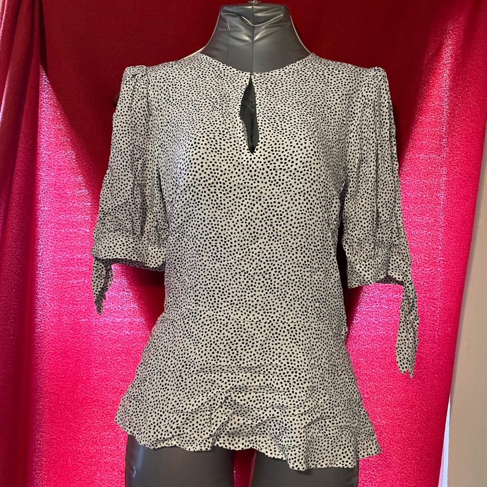 Tie-Sleeve Keyhole Polka Dot Peplum Blouse
